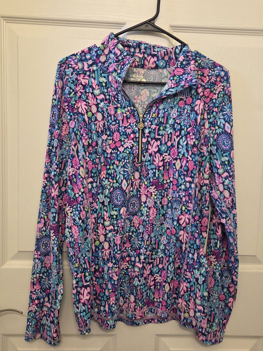 Lilly Pulitzer Pink & Blue Floral-Print Quarter-Zip Long Sleeve Top